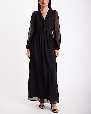 Cocktail & Party V-Neck Long Sleeve Twist Front Maxi Dress Black Women's XL