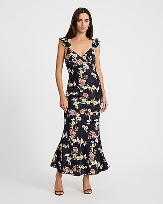 Floral V-Neck Ruffle Sleeve Open Back Maxi Dress