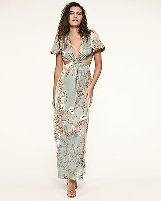 V-neck Floral Print Cutout Flowy Puff Sleeves Sleeves Satin Wedding Dress/Maxi Dress