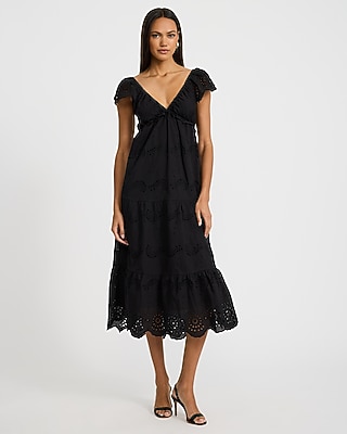 Cotton Eyelet V-Neck Flutter Sleeve Tiered Midi Dress