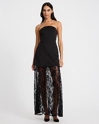Mixed Media Strapless Bow Back Sheer Lace Maxi Dress