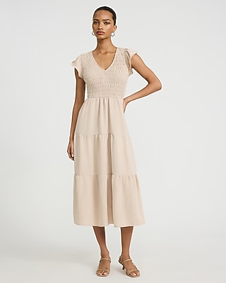 V-Neck Flutter Sleeve Smocked Tiered Midi Dress