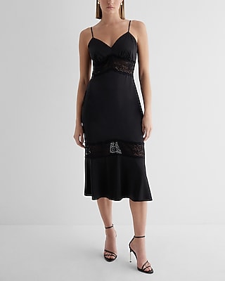 Cocktail & Party,Date Night,Bridal Shower V-Neck Lace Pieced Midi Slip Dress Black Women's S