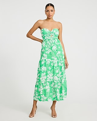 Floral Strapless Sweetheart Twist Front Tiered Maxi Dress