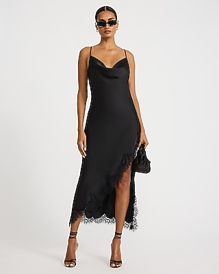 Satin Lace Trim Cowl Neck Side Slit Maxi Slip Dress