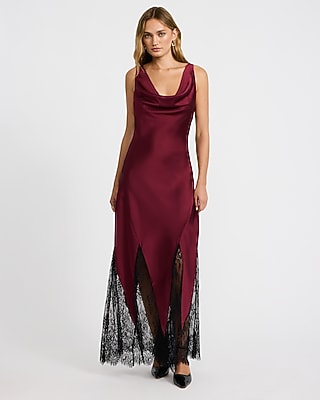 Satin Lace Cowl Neck Low Back Maxi Dress