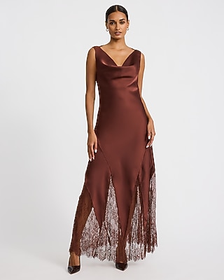 Satin Lace Cowl Neck Low Back Maxi Dress