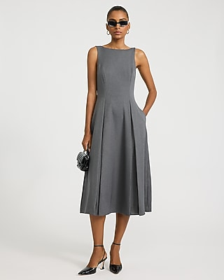 Heathered Boat Neck Seamed Fit and Flare Midi Dress
