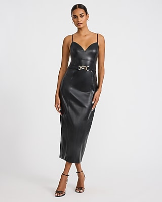 Faux Leather V-Neck Belted Maxi Sheath Dress