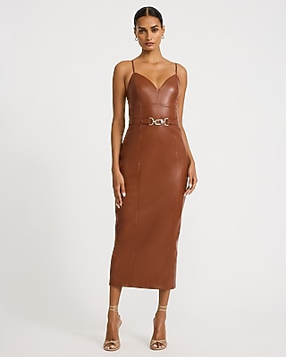 Faux Leather V-Neck Belted Maxi Sheath Dress