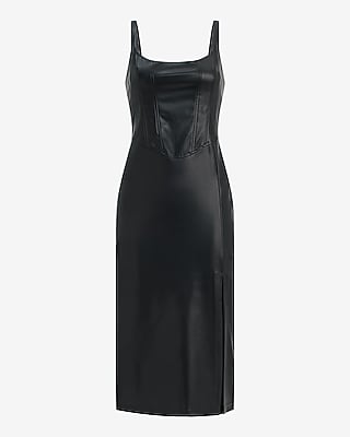 Faux Leather Scoop Neck Corset Midi Sheath Dress