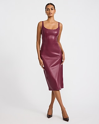 Faux Leather Scoop Neck Corset Midi Sheath Dress