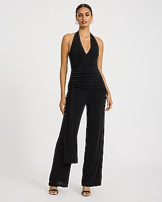 Halter V-Neck Wrap Waist Ruched Jumpsuit