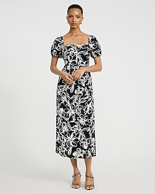 Floral Square Neck Puff Sleeve Strappy Back Midi Dress