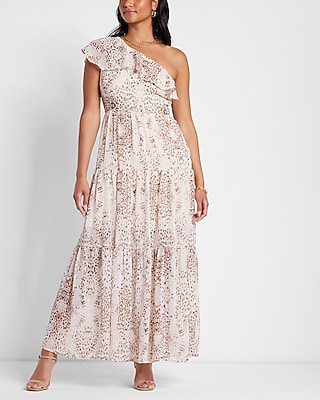 Versatile Rachel Zoe Metallic Printed Ruffle One Shoulder Tiered Maxi Dress