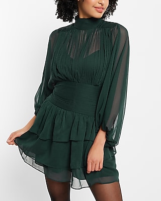 Cocktail & Party Mock Neck Long Sleeve Pleated Waist Tiered Ruffle Mini Dress Green Women's 0