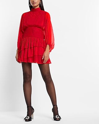 Sheer Long Sleeves Mock Neck Cocktail Short Tie Waist Waistline Tiered Pleated Party Dress With Ruffles