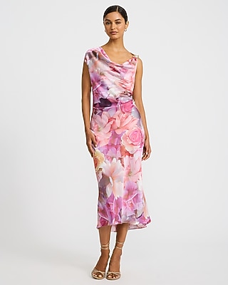 Floral Satin Cowl Neck Hardware High-Low Maxi Dress