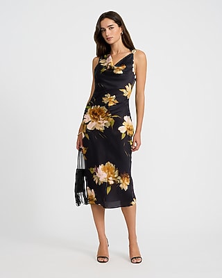 Floral Satin Cowl Neck Hardware Sleeveless Midi Dress