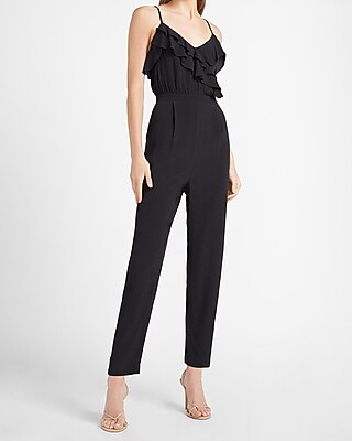 Image of Asymmetrical Wrap Front Ruffle Jumpsuit Black Women's XS
