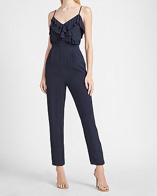 Image of Asymmetrical Wrap Front Ruffle Jumpsuit Blue Women's XXS