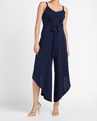 Image of Asymmetrical Tie Front Jumpsuit Blue Women's XS