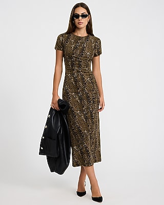 Matte Jersey Crew Neck Side Ruched Knit Maxi Dress