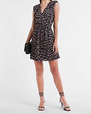 Casual Printed Belted Padded Shoulder Wrap Dress