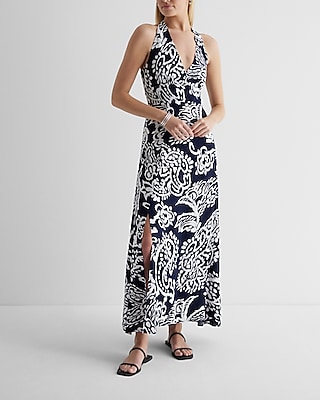 Casual Printed Halter Neck Side Slit Maxi Dress