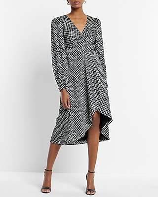 Cocktail & Party Satin Printed Long Sleeve Twist Front Hi lo Midi Dress