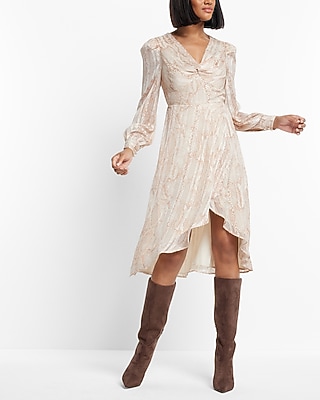 Casual Satin Snakeskin Print V-Neck Puff Shoulders Twist Hi-Lo Midi Dress