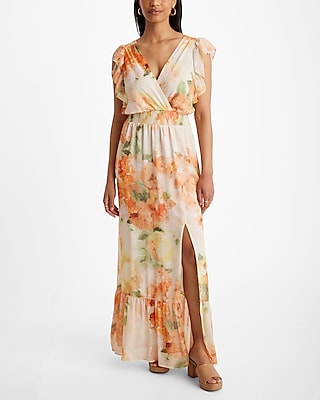 V-neck Elasticized Waistline Flutter Sleeves Floral Print Tiered Slit Smocked Maxi Dress