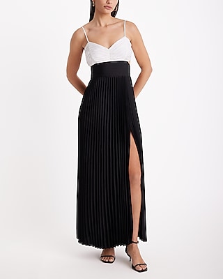 V-neck Slit Colorblocking Cutout Pleated Cocktail Spaghetti Strap Party Dress/Maxi Dress