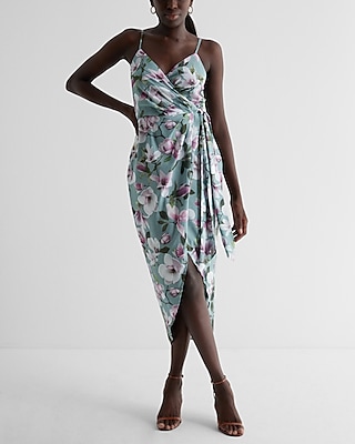 Cocktail & Party Satin Floral Tie Waist Hi-Lo Midi Dress