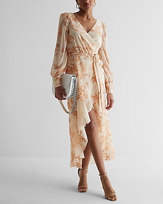 Casual,Cocktail & Party Metallic Floral Faux Wrap Ruffle Hi-Lo Maxi Dress