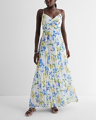Cocktail & Party Floral V-Neck Pleated Cross Back Maxi Dress
