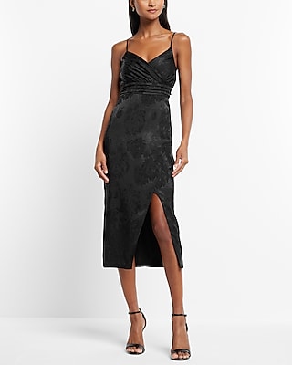 Cocktail & Party Floral Jacquard V-Neck Wrap Midi Dress