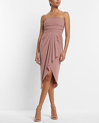 Strapless Cocktail Ruched Draped Party Dress/Midi Dress