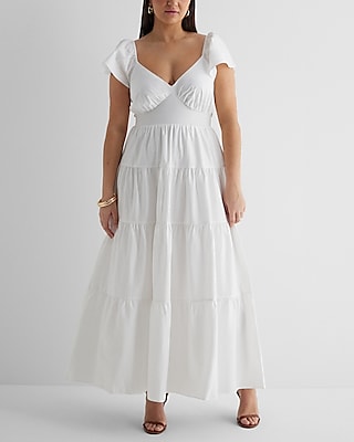 Casual V-Neck Flutter Sleeve Tiered Poplin Maxi Dress