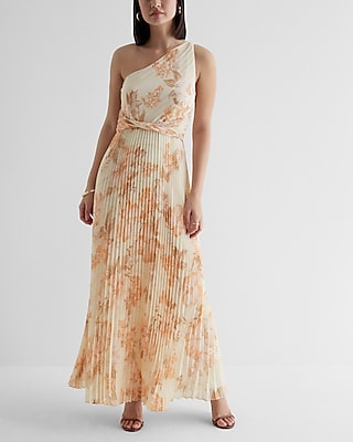 Tall Striped Floral Print Metallic One Shoulder Pleated Maxi Dress