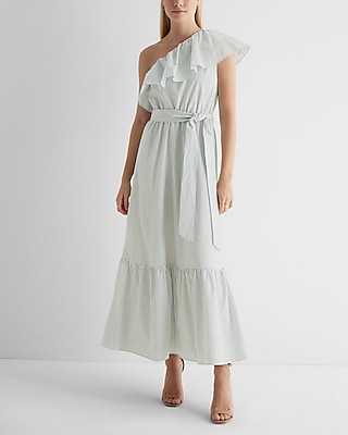 Casual Striped One Shoulder Ruffle Tie Waist Poplin Maxi Dress