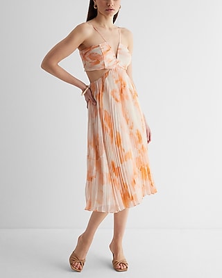 V-neck Floral Print Cutout Pleated Flowy Dress by Express