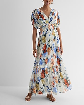 Cocktail & Party Floral Draped Sleeve Pleated Maxi Dress