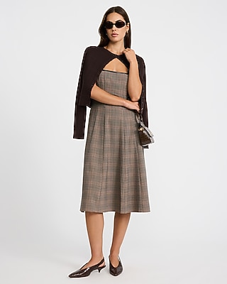 Plaid Tipped Square Neck Seamed Midi Dress with Pockets