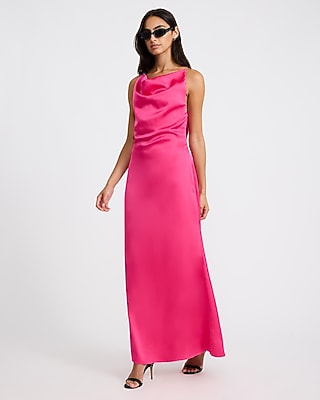 Satin High Neck Draped Lace Back Maxi Dress
