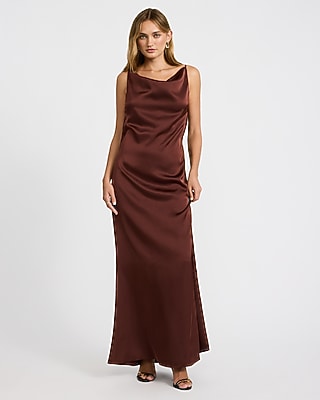 Satin High Neck Draped Lace Back Maxi Dress