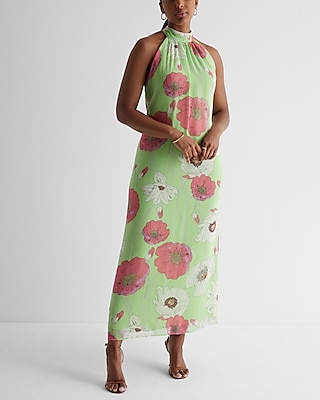 Casual,Cocktail & Party Floral Print Tie Halter Neck Open Back Maxi Dress