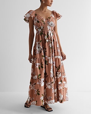 Casual Floral V-Neck Flutter Sleeve Tiered Poplin Maxi Dress