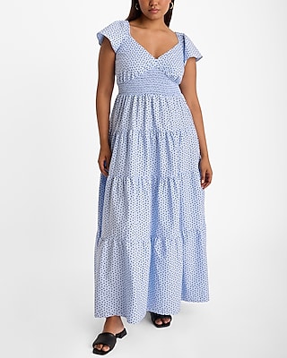 V-neck Tiered Smocked Polka Dots Print Poplin Flutter Short Sleeves Sleeves Wedding Dress/Maxi Dress