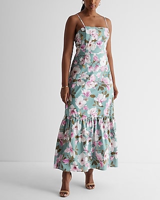 Casual Floral Print Square Neck Tiered Poplin Maxi Dress